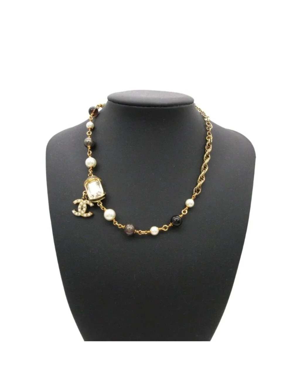 Chanel Necklace Pearl Bijou Stone CC Logo Gold